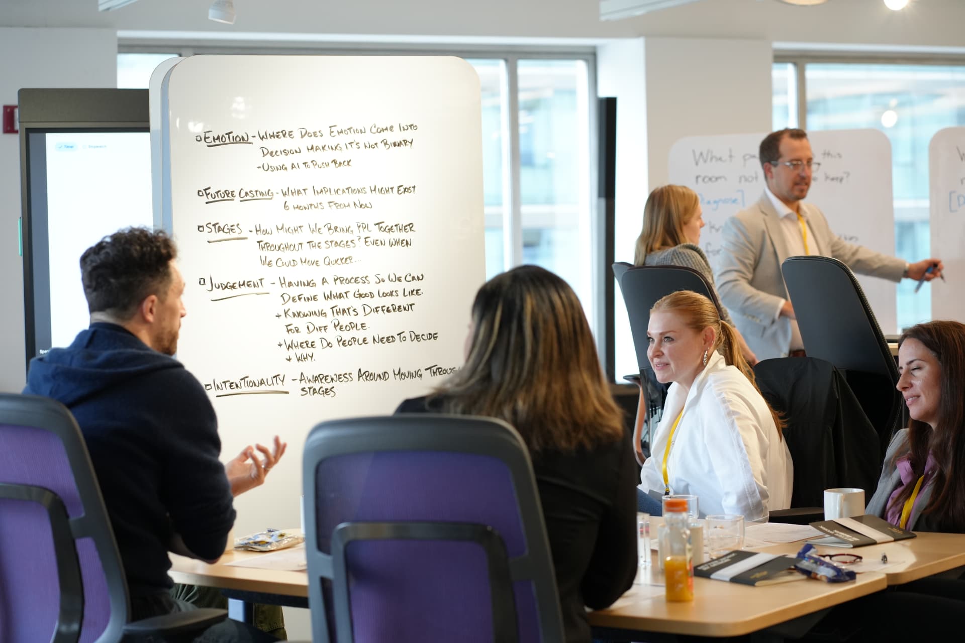 A group discusses ideas captured on a whiteboard